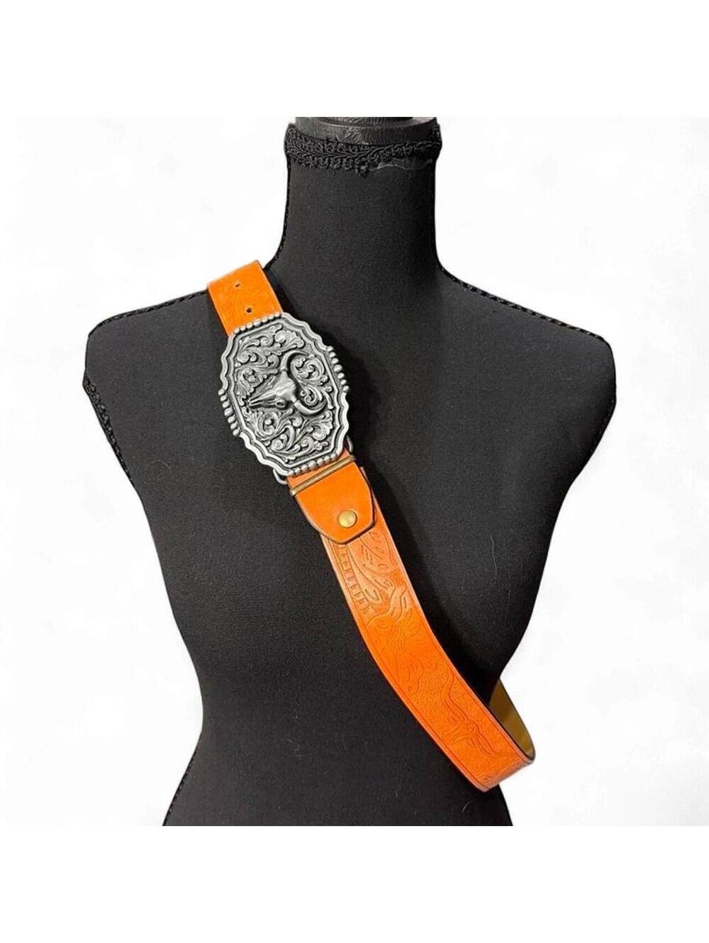 Western Tooled Orange Leather Belt Detachable Longhorn Bull Skull Buckle